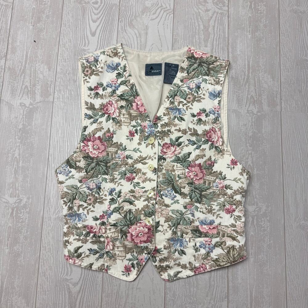 Vintage Liz Wear Petite Floral Tapestry Vest Cottagecore Button Front Women’s P